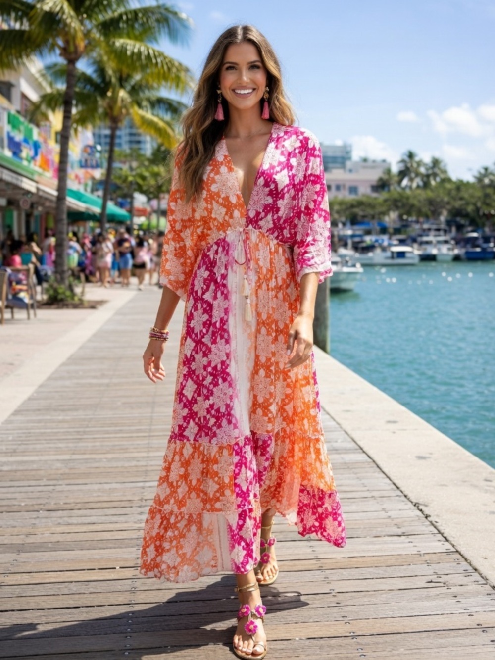 ShopEvelynne Pink & Orange Floral Maxi Dress with V-Neck